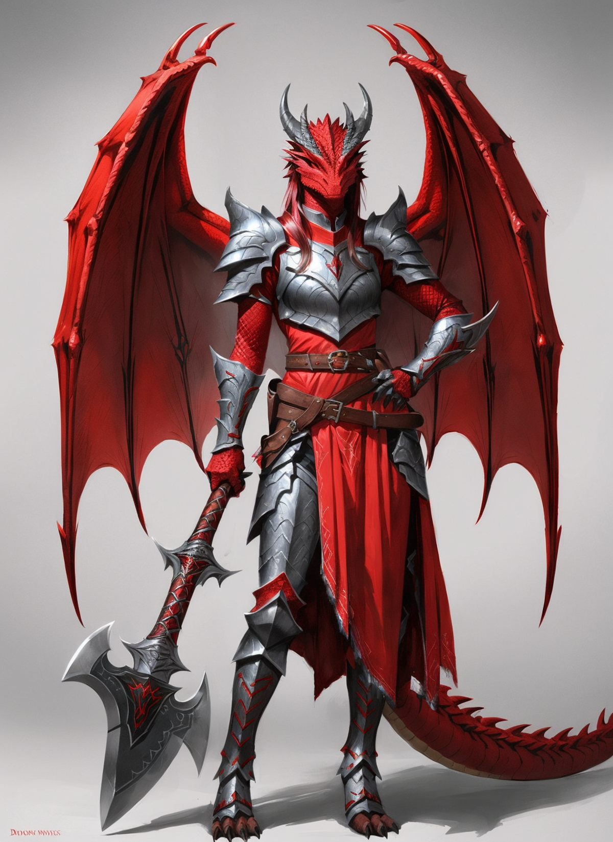 22072192-1650465309-red dragonborn, solo, red eyes, female, holding, jewelry, standing, tail, full body, weapon, female focus, wings, horns, belt, g.png